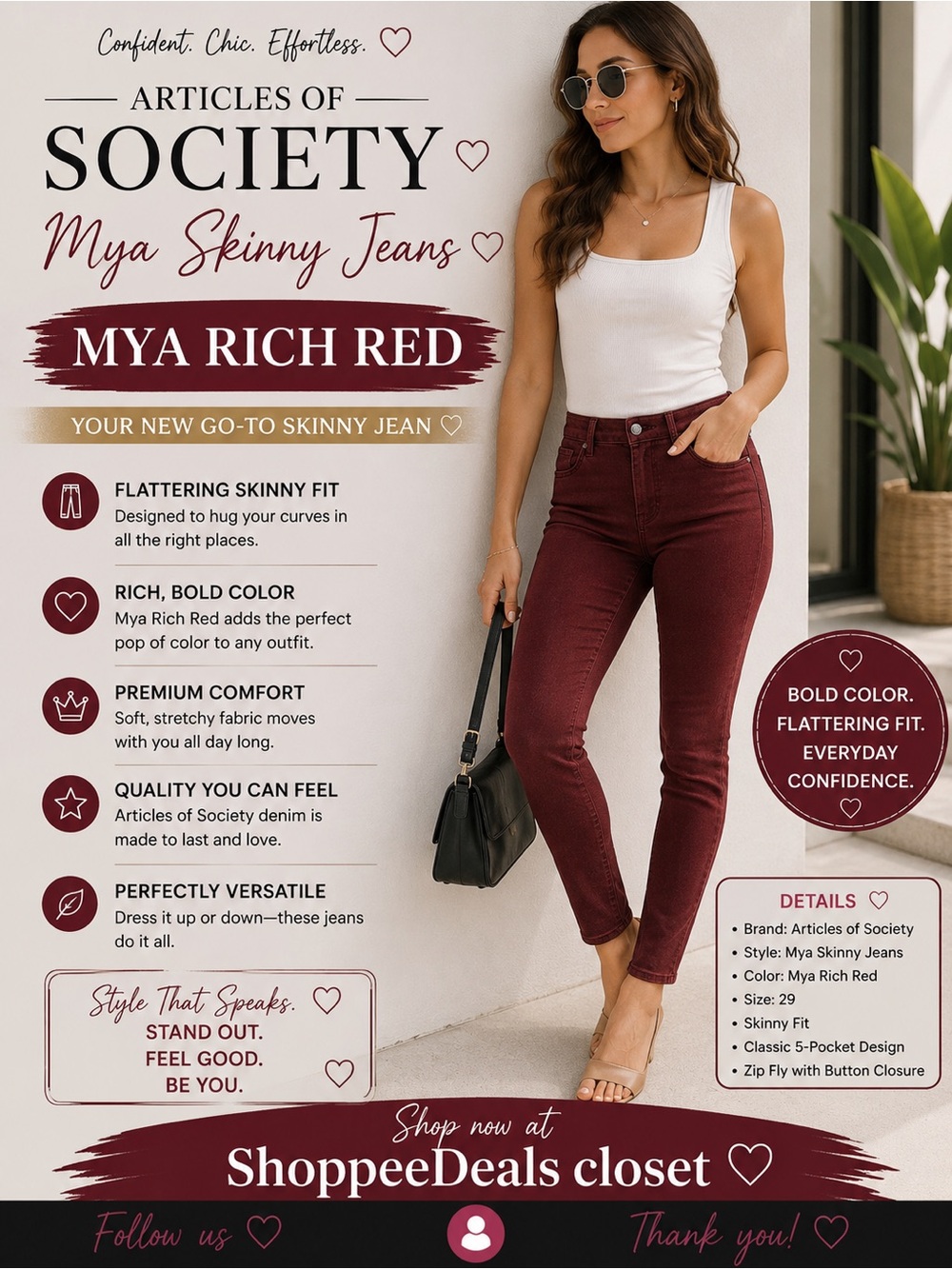 Articles of Society Mya Rich Red Skinny Jeans | Size 29